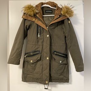 Women’s Guess Hooded Mid-length Coat (Olive Green)